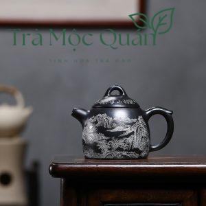 Ấm Tử Sa Tần Quyền Huyền Thiết Thạch Hoàng Khắc Sơn Thủy 300ml ATS49