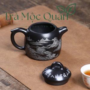 Ấm Tử Sa Tần Quyền Huyền Thiết Thạch Hoàng Khắc Sơn Thủy 300ml ATS49