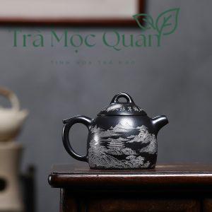 Ấm Tử Sa Tần Quyền Huyền Thiết Thạch Hoàng Khắc Sơn Thủy 300ml ATS49