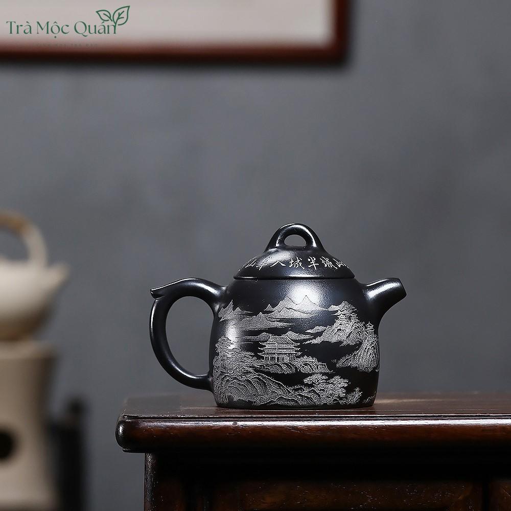 Ấm Tử Sa Tần Quyền Huyền Thiết Thạch Hoàng Khắc Sơn Thủy 300ml ATS49