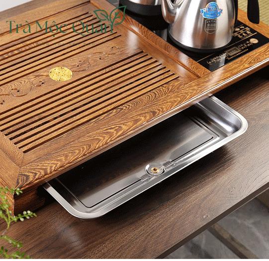 Bộ Bàn Trà Điện Gỗ Mun Đuôi Công Khay Inox Cao Cấp BTD2