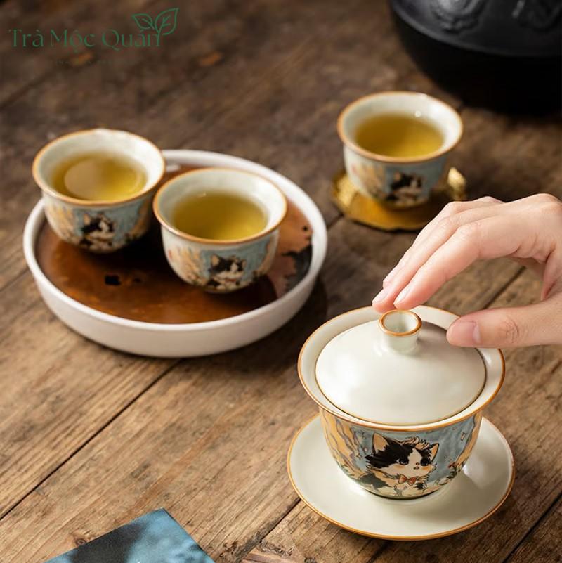 Chén Khải Sứ Cảnh Đức Vẽ Mèo Dễ Thương 160ml CK53