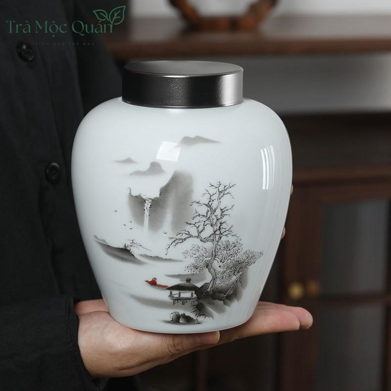 Hũ Trà Sứ Cảnh Đức Vẽ Sơn Thuỷ HDT001