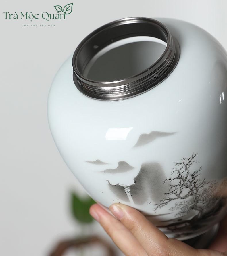 Hũ Trà Sứ Cảnh Đức Vẽ Sơn Thuỷ HDT001
