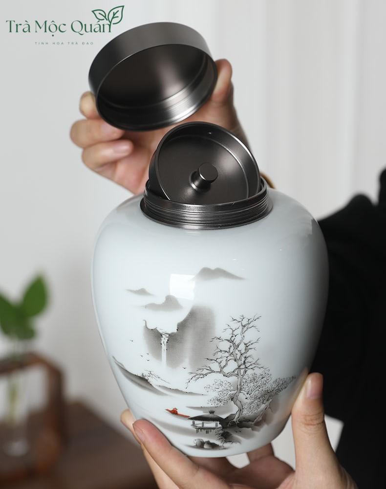 Hũ Trà Sứ Cảnh Đức Vẽ Sơn Thuỷ HDT001