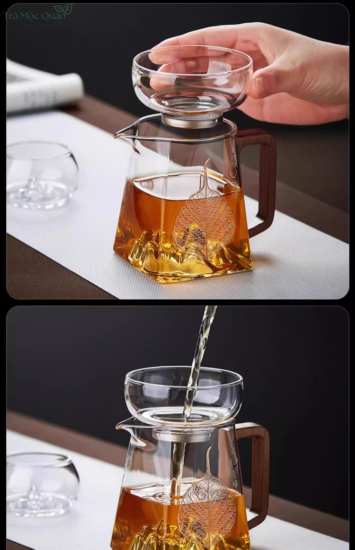 Tống Trà Thủy Tinh Tay Cầm Gỗ Họa Tiết Lá Bồ Đề 300ml TT13