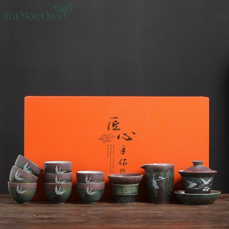 Bộ Ấm Trà Gốm Họa Tiết Tiên Hạc BAT23
