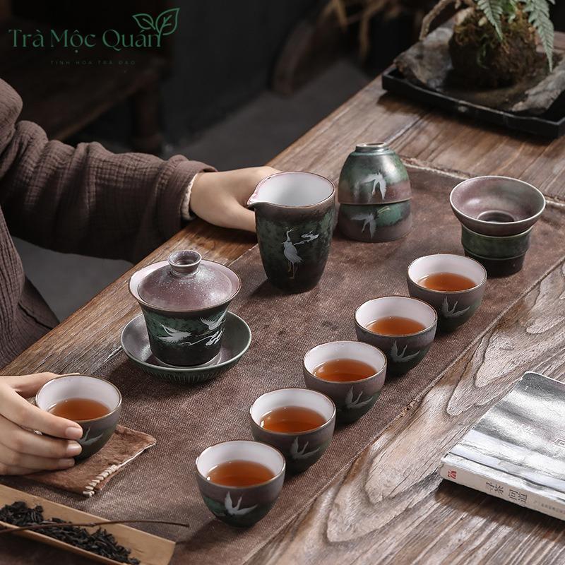 Bộ Ấm Trà Gốm Họa Tiết Tiên Hạc BAT23