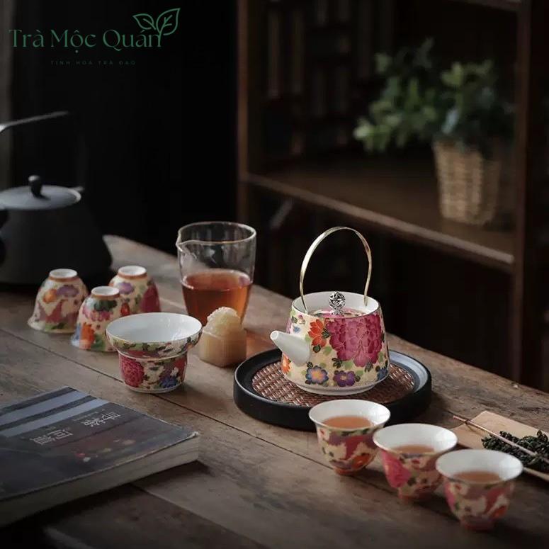 Bộ Ấm Trà Sứ Hoa Mẫu Đơn Cao Cấp BAT16