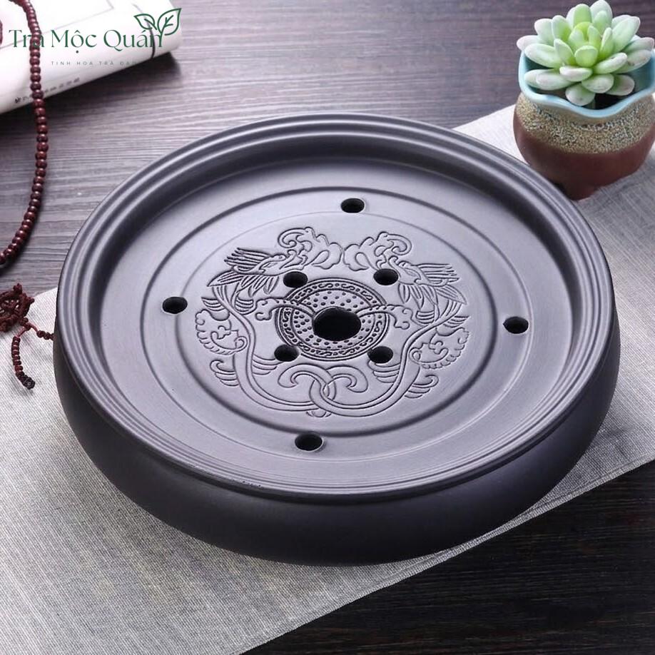 Thuyền Trà Tử Sa Song Long Dáng Tròn Cao Cấp – Khay Trà Mini Đựng Ấm Chén KT58