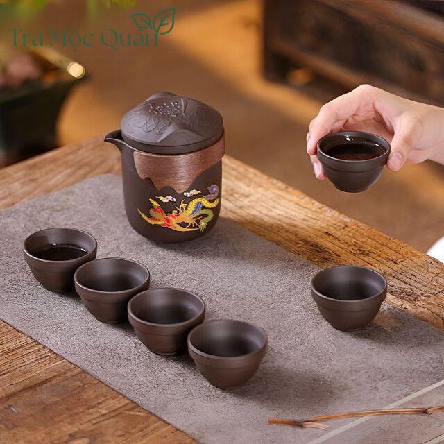 Bộ Ấm Trà Du Lịch Tử Sa Long Phụng Đổi Màu 1 Ấm 6 Chén BAT26