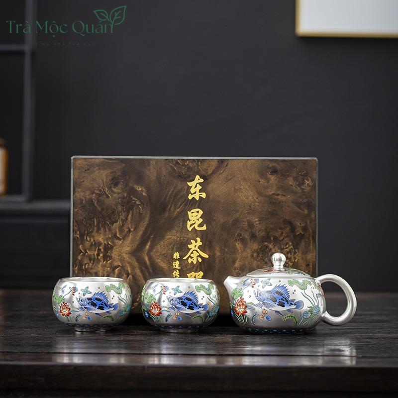 Bộ Ấm Trà Tây Thi Thủ Công Mạ Bạc Họa Tiết Cá BAT28